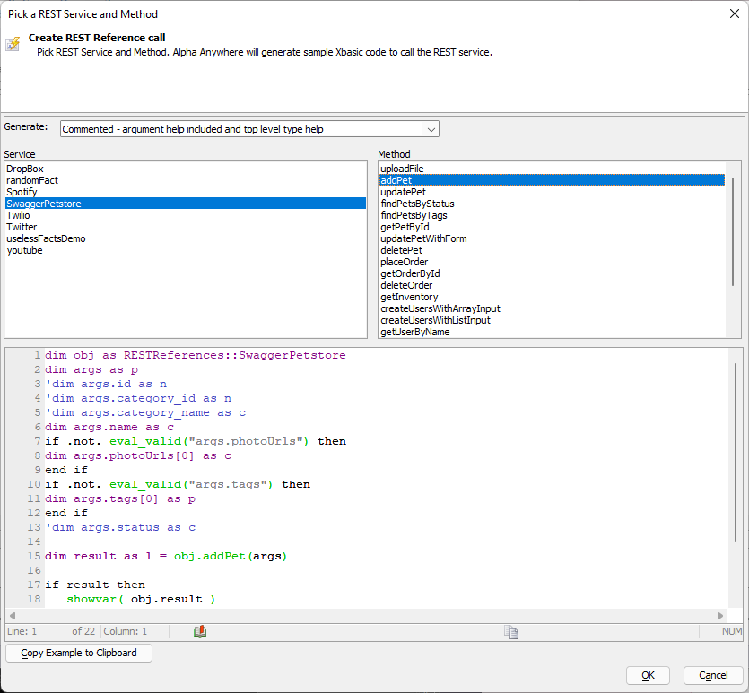Pick a REST Service and Method dialog